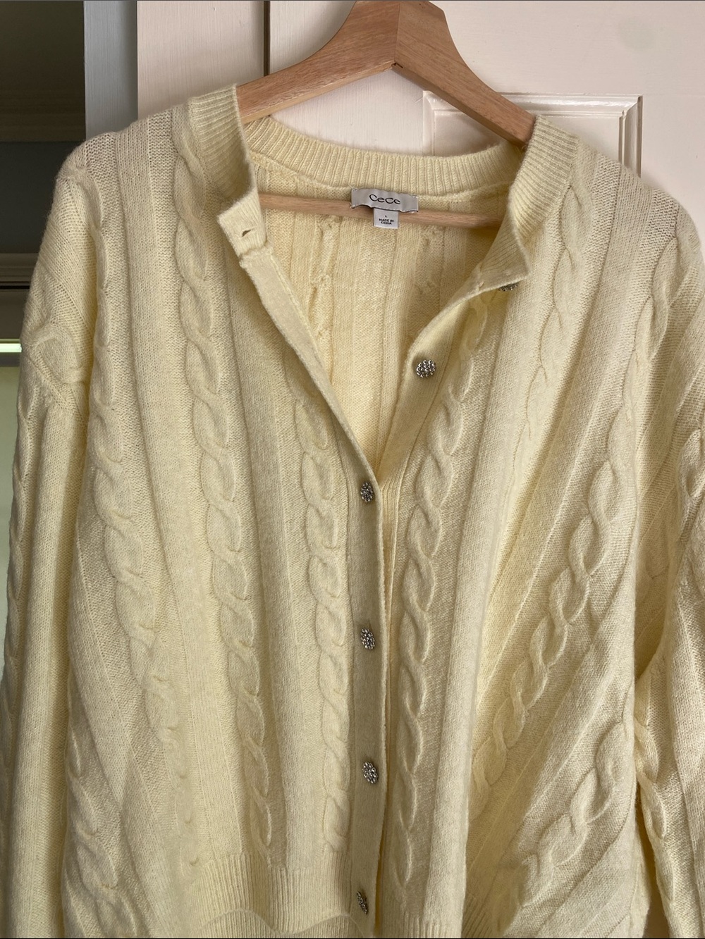 CeCe Pale Yellow Cable-Knit Button Cardigan